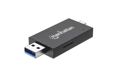 Manhattan USB-A/USB-C multiformaat kaartlezer/-schrijver, 5 Gbps (USB 3.0), male connector naar microSD- en SD/MMC-slots, mini-formaat, compatibel met Windows of Mac, zwart/transparant, 3 jaar garantie