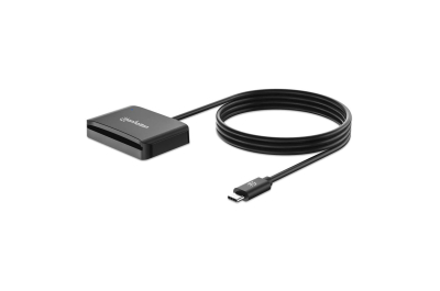 Manhattan USB-C smartcardlezer met contact, met microSD-slot, USB-C male connector, compatibel met Windows, macOS en Linux, leest SIM-kaarten met adapter, kabel van 1 m, zwart, 3 jaar garantie