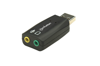 Manhattan USB-A geluidsadapter, USB-A naar 3,5 mm microfoon-in en audio-out, 480 Mbps (USB 2.0), ondersteunt 3D en virtueel 5.1 surround, zwart, 3 jaar garantie