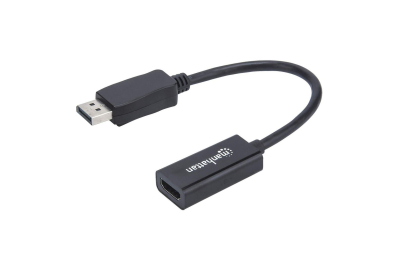Manhattan DisplayPort 1.1 naar HDMI adapterkabel, 1080p@60Hz, 15 cm, mannelijk naar vrouwelijk, actieve signaalomzetting, met vergrendeling, niet bi-directioneel, zwart, 3 jaar garantie, equivalent aan DP2HDMI