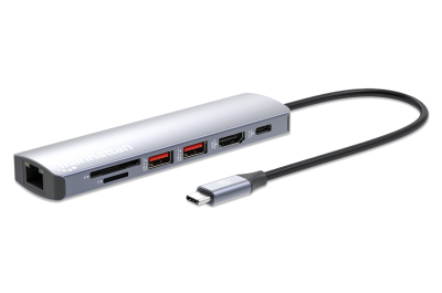 Manhattan USB-C dock/hub met kaartlezer, poorten (5): Ethernet, HDMI, USB-A (2×) en USB-C, met Power Delivery (PD) 100 W - vereist een externe USB-C-lader (niet inbegrepen). USB-gevoed (geen externe voeding vereist) wanneer PD niet wordt gebruikt