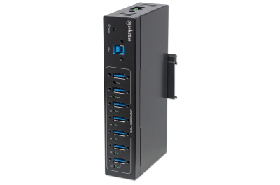 Manhattan USB-A 7-poorts industriële hub, 7× USB-A, 5 Gbps (USB 3.0), 20 kV ESD-bescherming, voeding via AC, bus of klemmenblok, DIN-rail, wandmontage, metalen behuizing, schroefvergrendeling