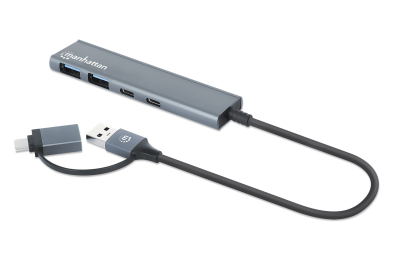 Manhattan USB-C & USB-A combo dock/hub, poorten (4): USB-A (2×) + USB-C (2×), 5 Gbps (USB 3.0), USB-gevoed (geen externe voeding vereist), aluminium