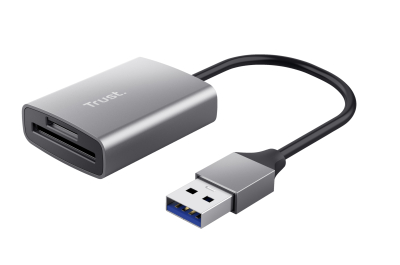 Trust Dalyx Snelle USB‑kaartlezer – geheugenkaartlezer – USB 3.2‑kaartlezer – Aluminium behuizing – Zilver