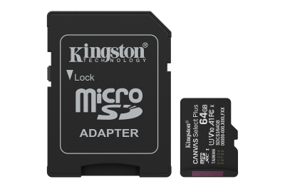 Kingston Technology 64GB microSDXC Canvas Select Plus Gen3 100MB/s A1 kaart + adapter